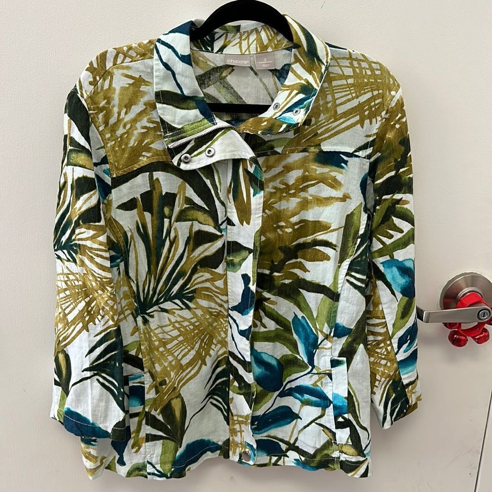 ⭐️Chico's Zip-Front Tropical-Print Linen Jacket‎
